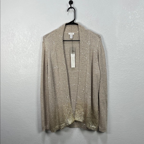 Chico's women’s Ombré Foil Suzy Cardigan Sweater Gold Cotton Blend Sz 2 (Large) - Picture 1 of 10